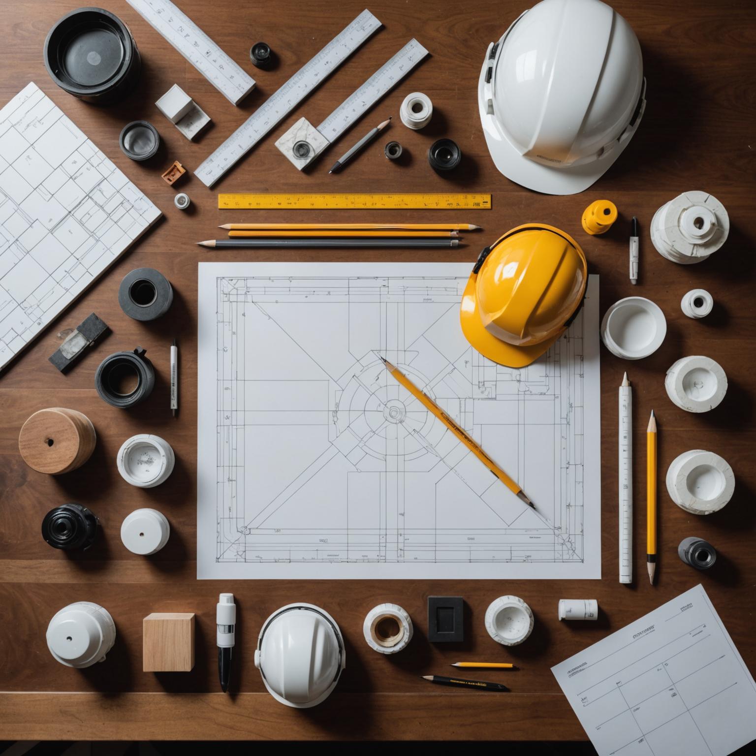 Blueprints, samples and tools laid out on a workbench