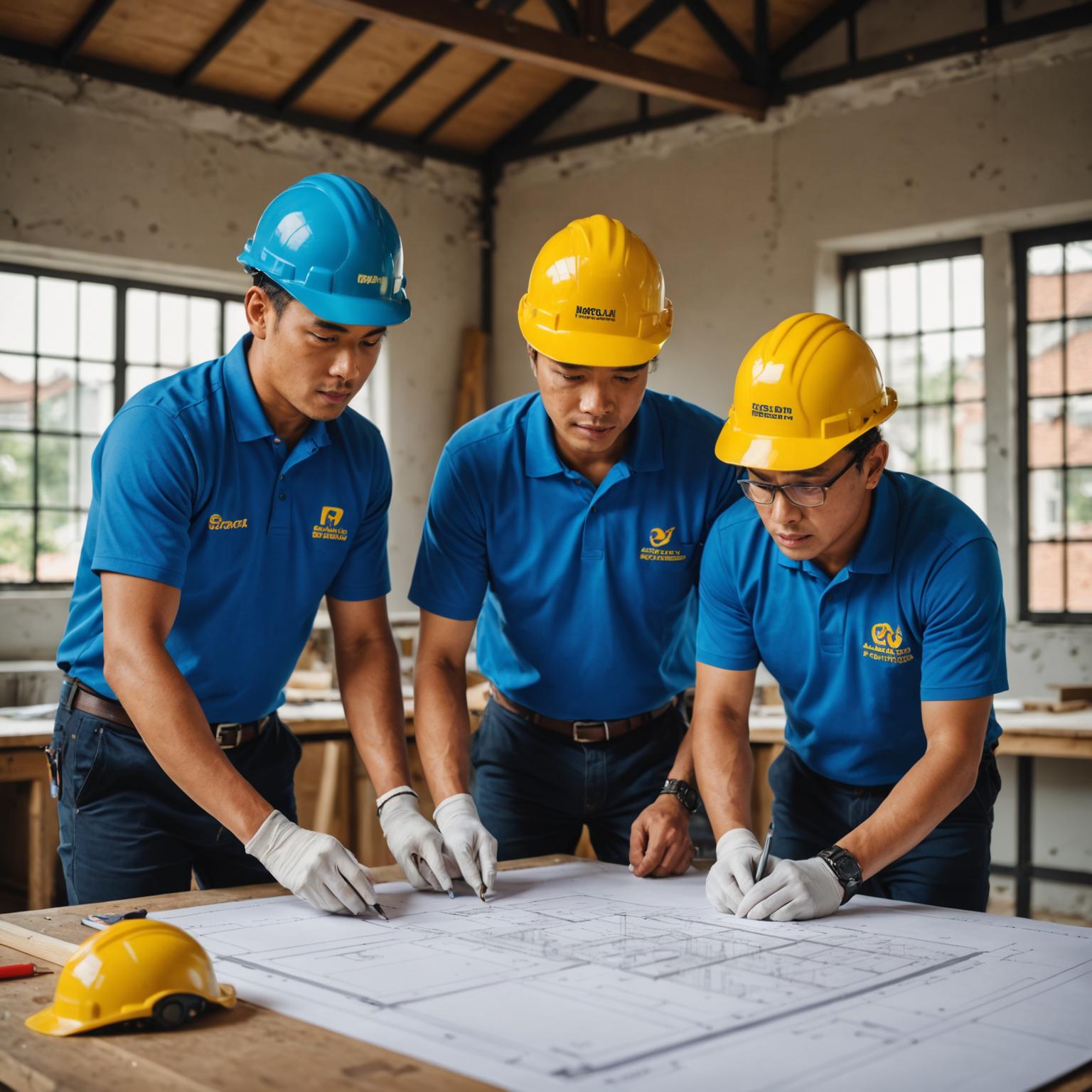 PrimoQuo site team reviewing a renovation drawing on the workbench