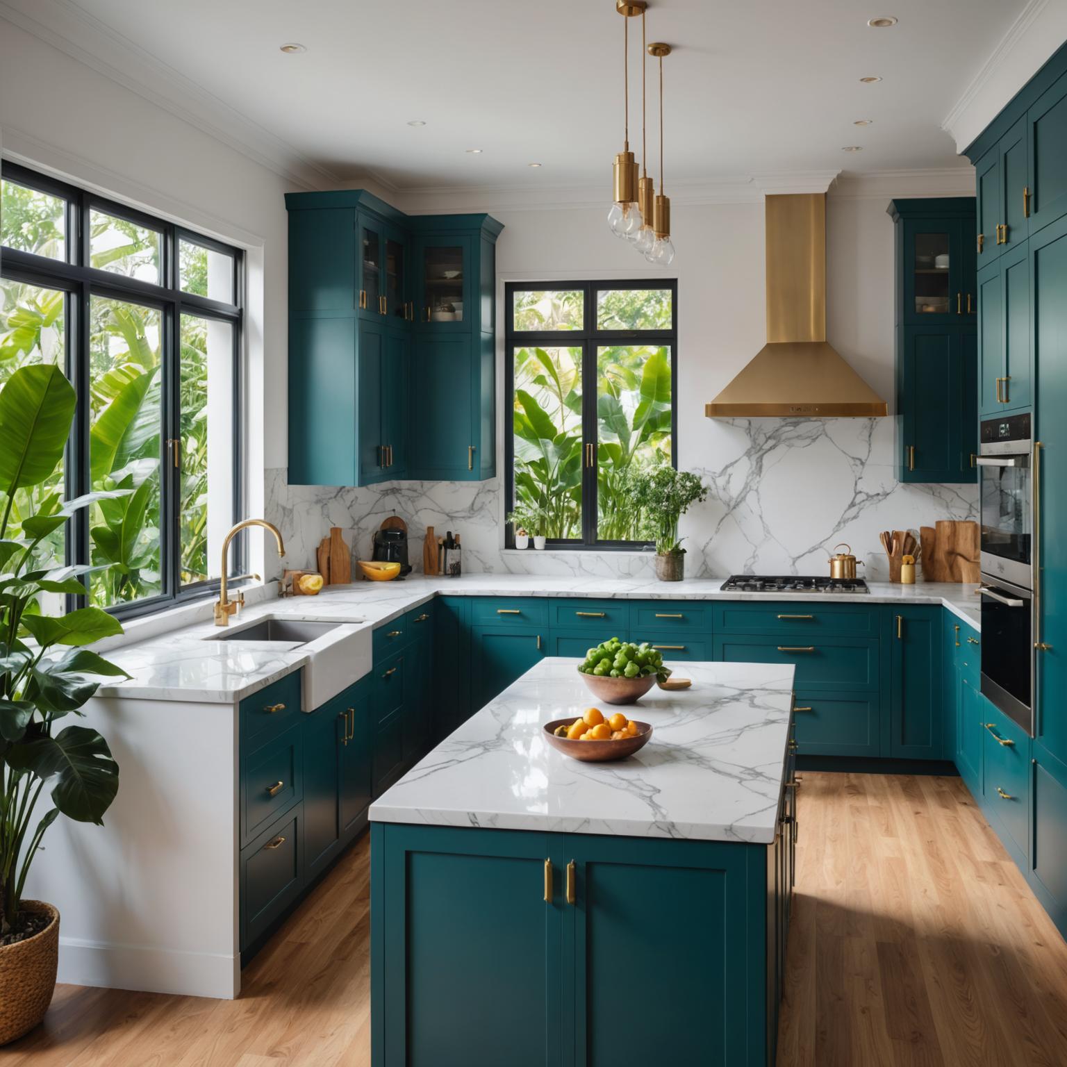 Newly finished open-plan kitchen with white cabinets and brass fittings in a Kuala Lumpur home